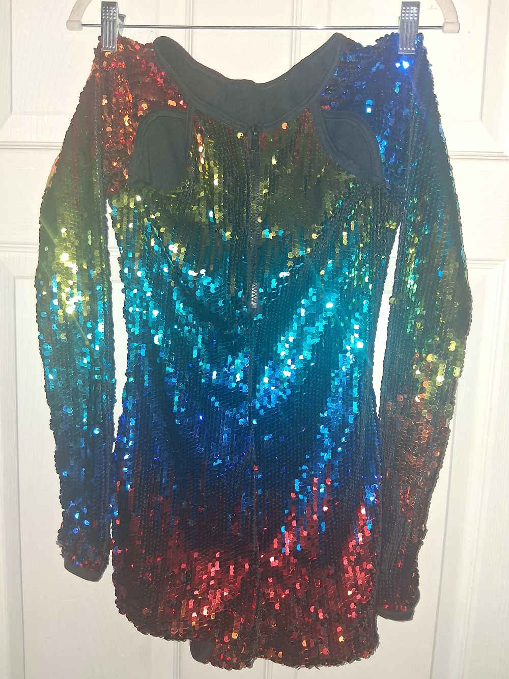 Weissman Rainbow Sequin Long Sleeve Cutout Biketard Dance Costume - LC